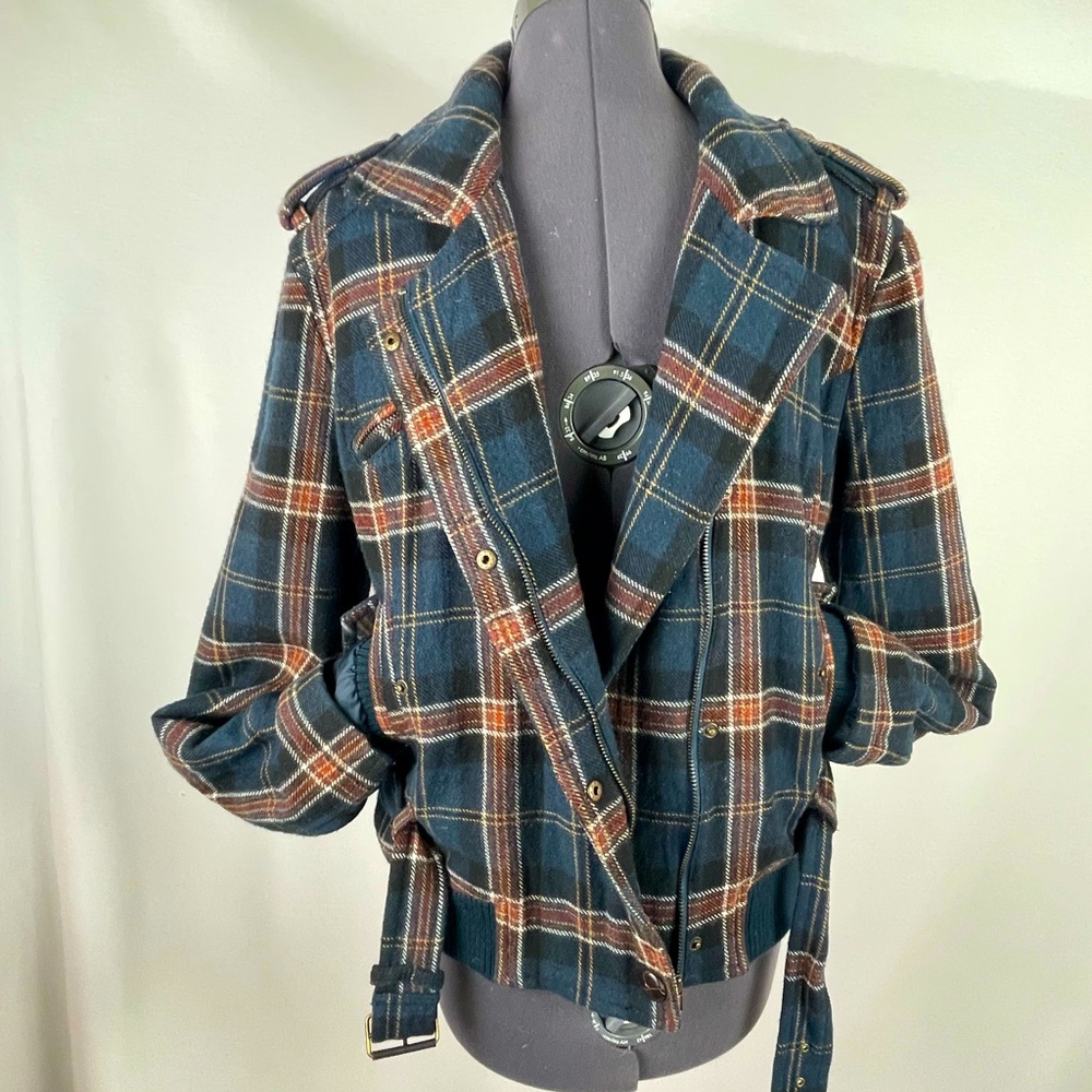 MNG by Mango Navy and tan tartan jacket size large.